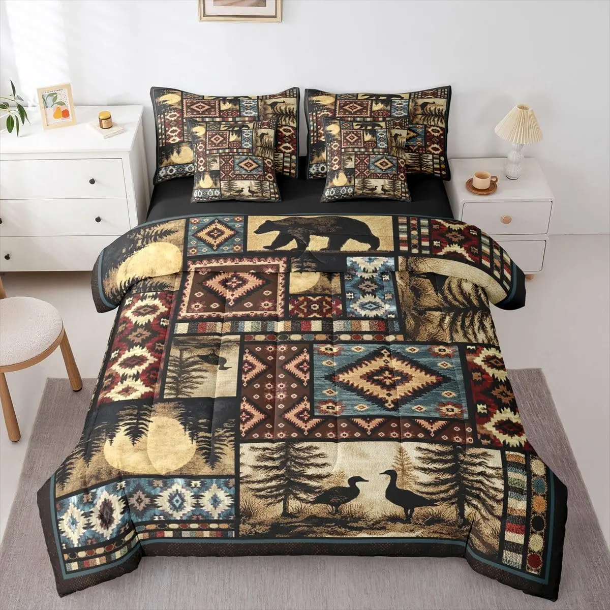 Rustic Farmhouse 7 Pcs Bedding Set Mallard Duck Bear Comforter Set Country Aztec Southwest Quilt Set Retro Wild Animals Hunting Theme Tribal Bed in A Bag with Flat and Fitted Sheet