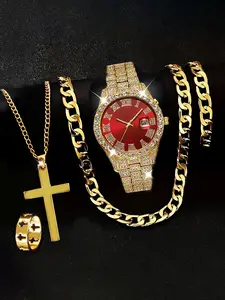 A Stylish Hip-Hop Men'S Quartz Watch Set with a Golden Cross Necklace And Bracelet, Consisting of Five Pieces, Fashionable Jewelry Set. It Features an Alloy Strap Adorned with Faux Rhinestones, Moving Hands, Roman Numerals, And a Creative Street Design