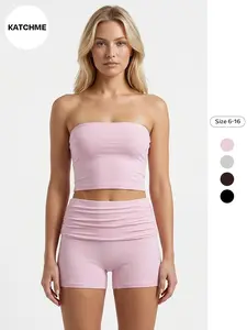 Women's Versatile Solid Color Seamless Tube Top & Folded Waistband Shorts Co-ord, Breathable Activewear, Minimalist Stretch Lightweight Sport & Outdoor Clothing