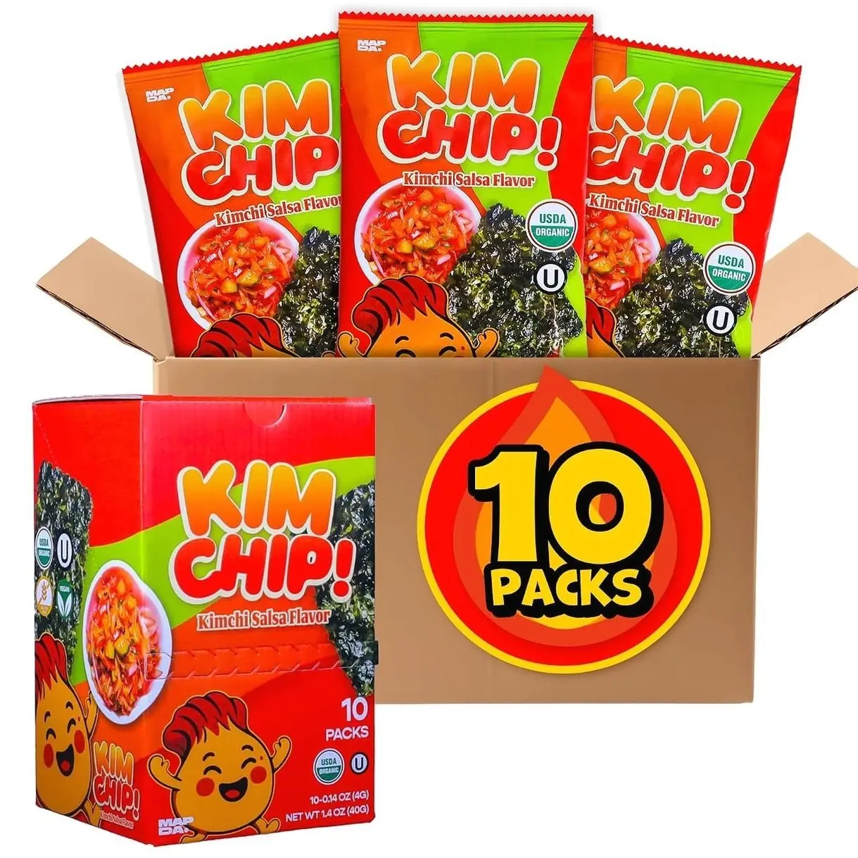 KIMCHIP (10-Pack) Spicy Kimchi Salsa Seaweed Snack – organic, vegan, gluten-free, low-calorie nori chips