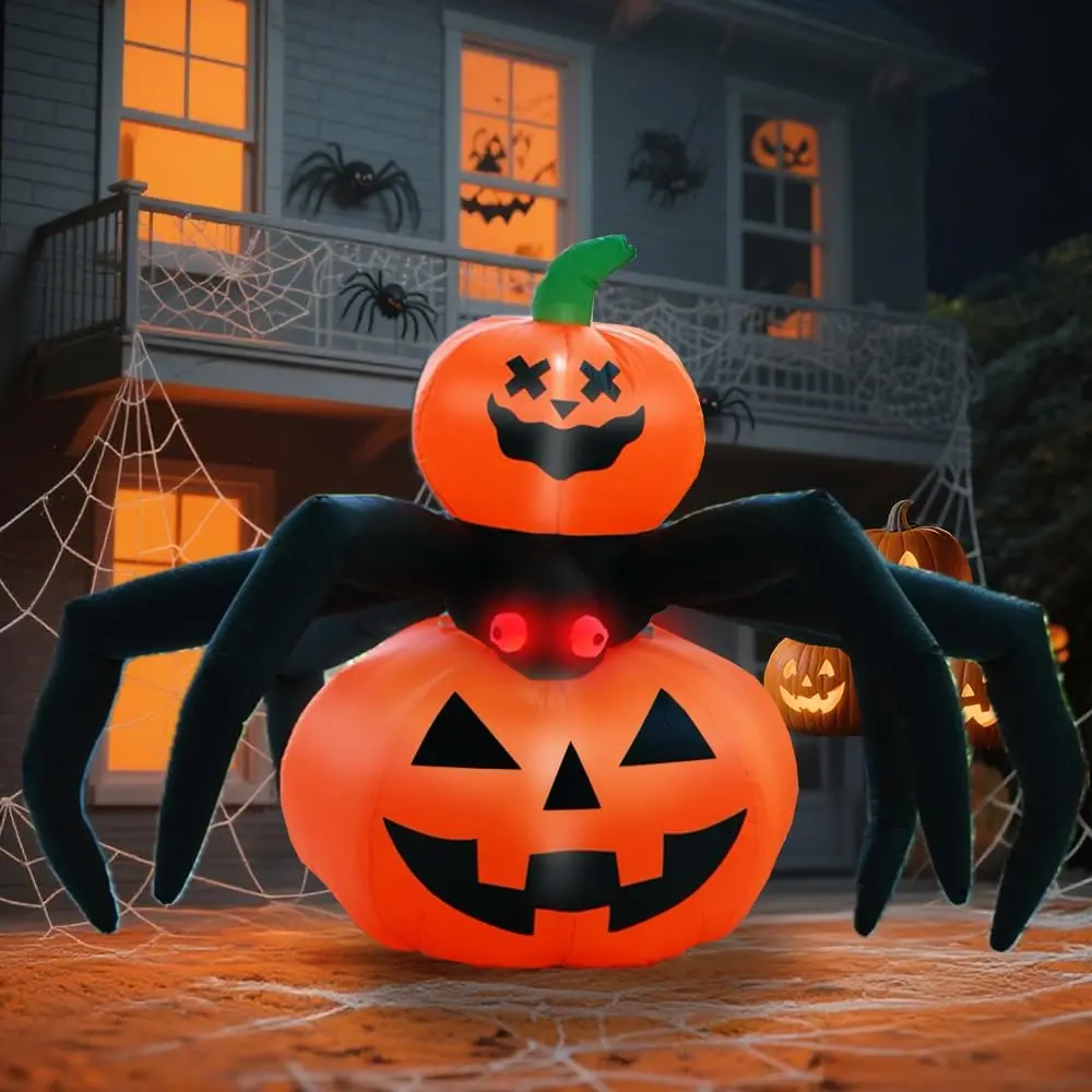 GARIG 5FT Halloween Inflatables Outdoor Decorations Pumpkin Spider Build-in LEDs Lights Blow Up Yard Decorations for Garden Lawn Indoor Party Holiday Decor
