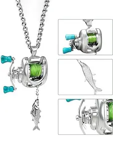 Mini Fishing Reel Necklace, Rotating Handle, Detachable Line Ring, Spinning Wheel Keychain, Portable Fishing Lure Pendant Gift