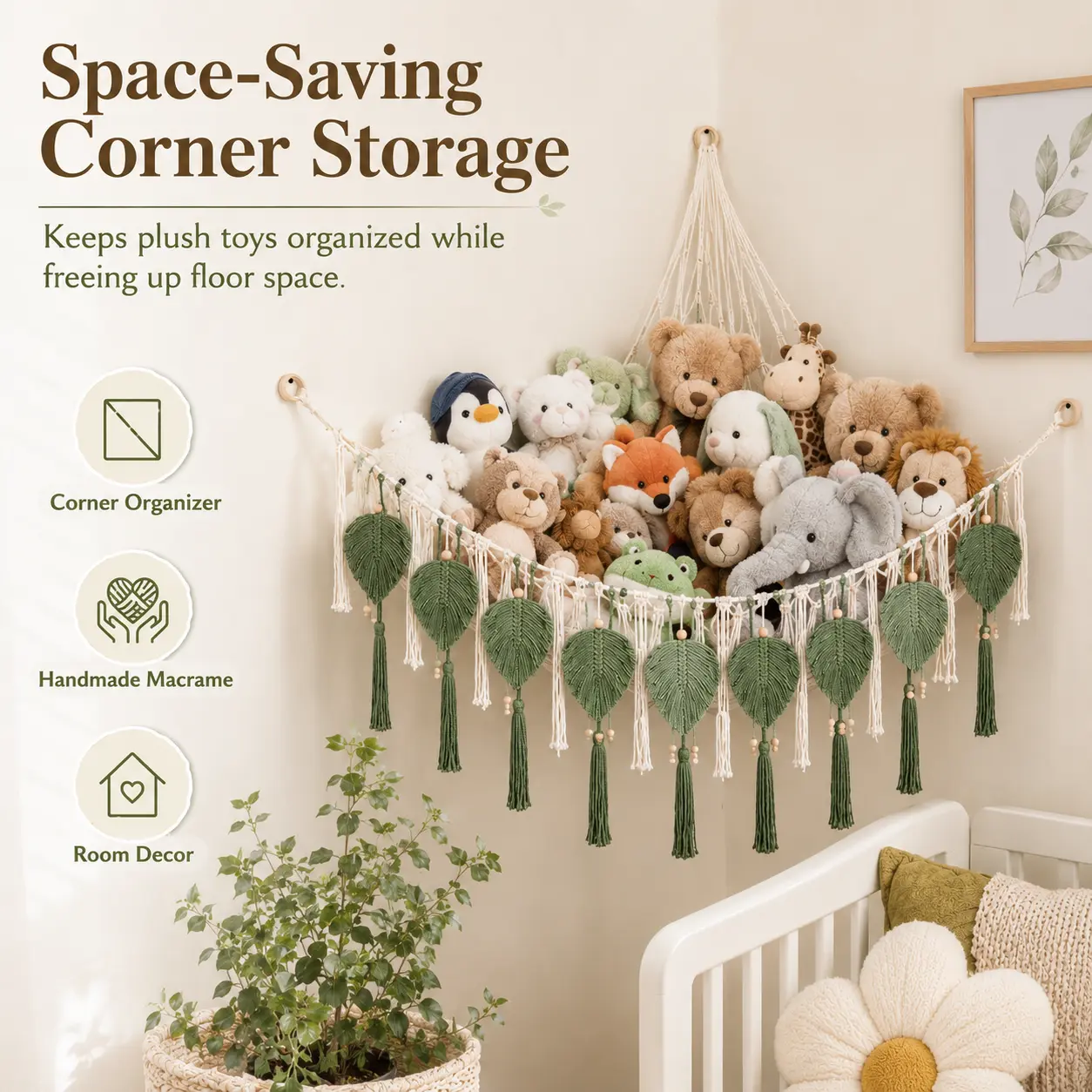 Macrame Stuffed Animal Storage Hammock, Corner Plush Toy Organizer for Kids Room, Handmade Wall Hanging Toy Net