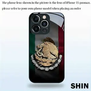 Mexican Golden Eagle Emblem Tempered Glass Smartphone Case - Hard Anti-Scratch Shockproof Protective Casing for iPhone 11-17 Pro Max Series, Stylish Durable Cellphone Accessories Cover