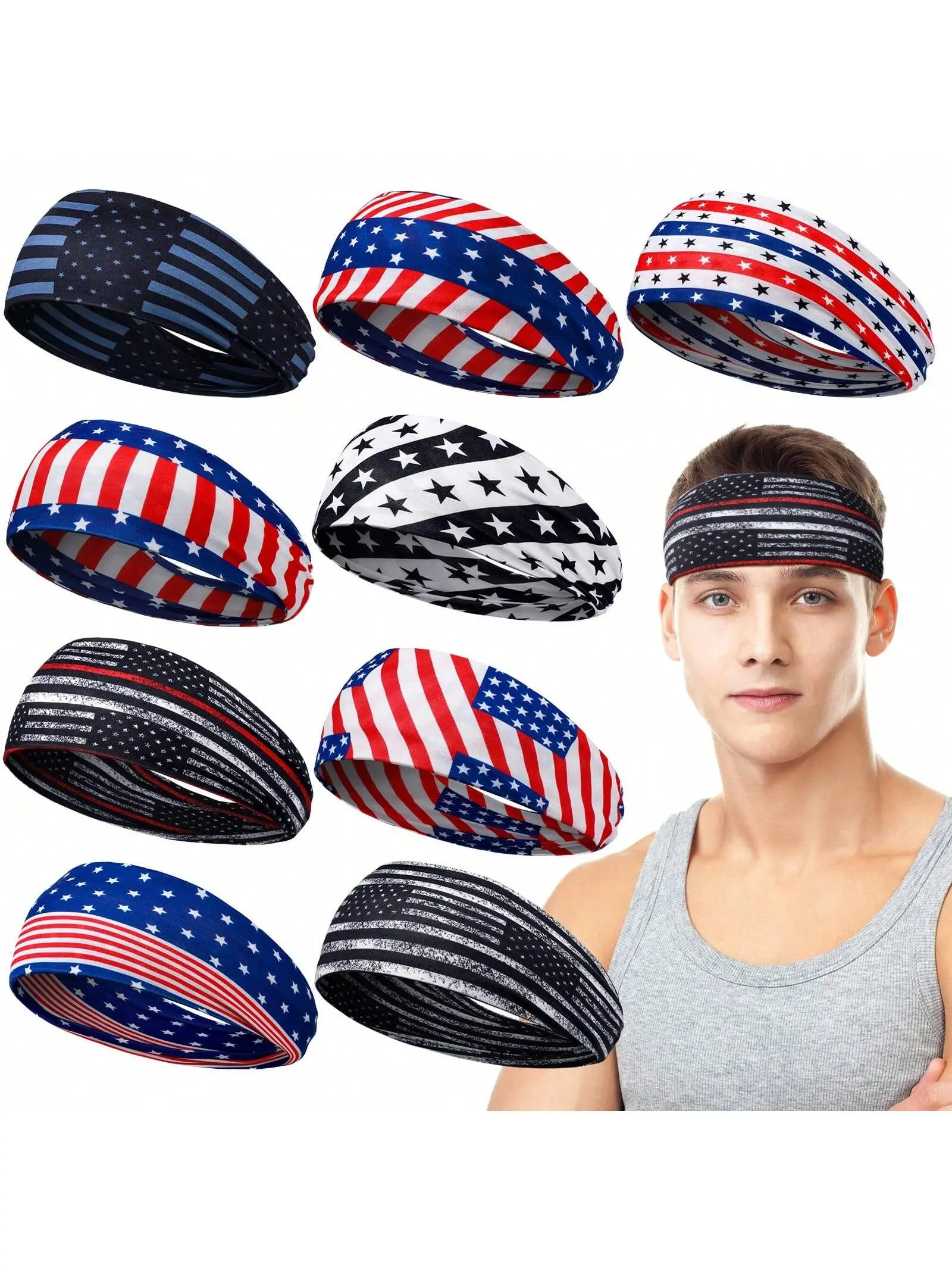 9PCS USA Flag Stretchable Polyester Headbands Accessories Kit, Patriotic Fashion Sweatbands for Men, Breathable Casual Head Wraps for Workout, Ceremony