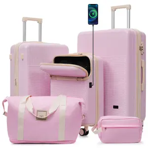 Fahuac 5-Piece Hardshell Luggage Set - Hardside Expandable Carry On with Half-Opening Design, Double Spinner Wheels, Lightweight ABS Plastic, USB Charging Port, TSA Locks, Personal Item Luggage (20"+24"+28"+Handbag+Toiletry Bag), Hardshell Luggage Sets
