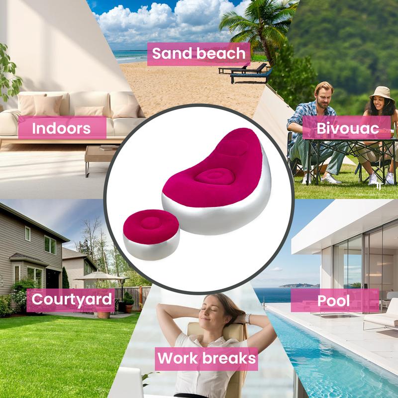 Portable Folding Reclining Lazy Sofa Chair with Foot Stool Flocking Air Couch for Indoor Outdoor Relaxation Gaming Travel Camping Unisex