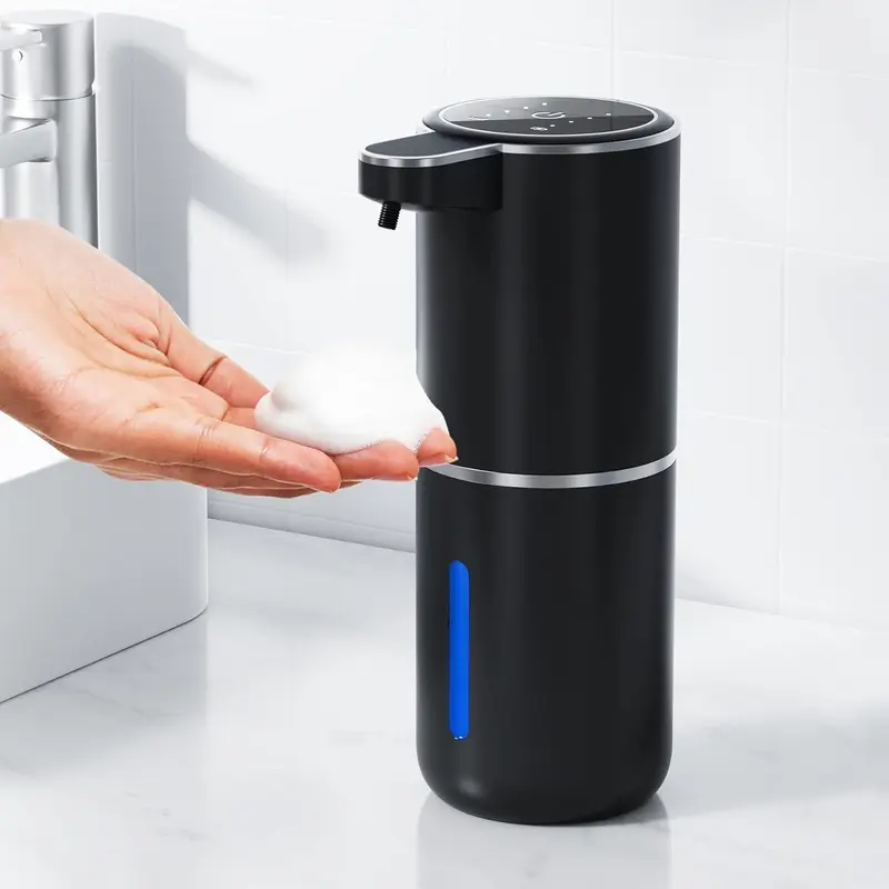Rechargeable Smart Automatic Sensor Touch-Free Soap Dispenser - USB-C Fast Charge, 4 Foam Settings, Wall Mount/Countertop, IPX5 Splash-Resistant, Included Bottle, Modern Black Design for Kitchen/Bathroom, Hands-Free Wash