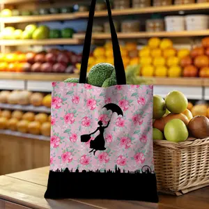 "Practically Perfect" Mary Poppins Inspired Tote Bag for Women - Flying Silhouette with Pink Roses & City Skyline, Durable Canvas Shopping Bag for Travel, Picnics, and Everyday Magic
