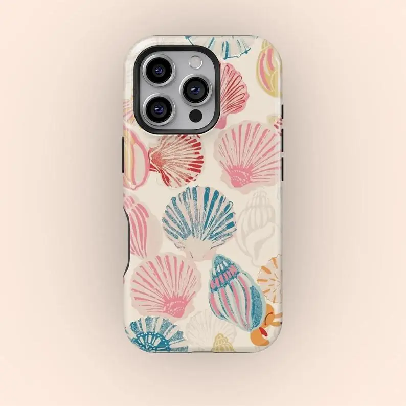 Vintage Seashell Pattern Shockproof Polycarbonate Smartphone Case - Beachy Tropical Accessory, Camera Protection, Durable Cover for iPhone 11/12/13/14/15/16/17 Pro, ProMax, Plus, Air Devices, Accessories
