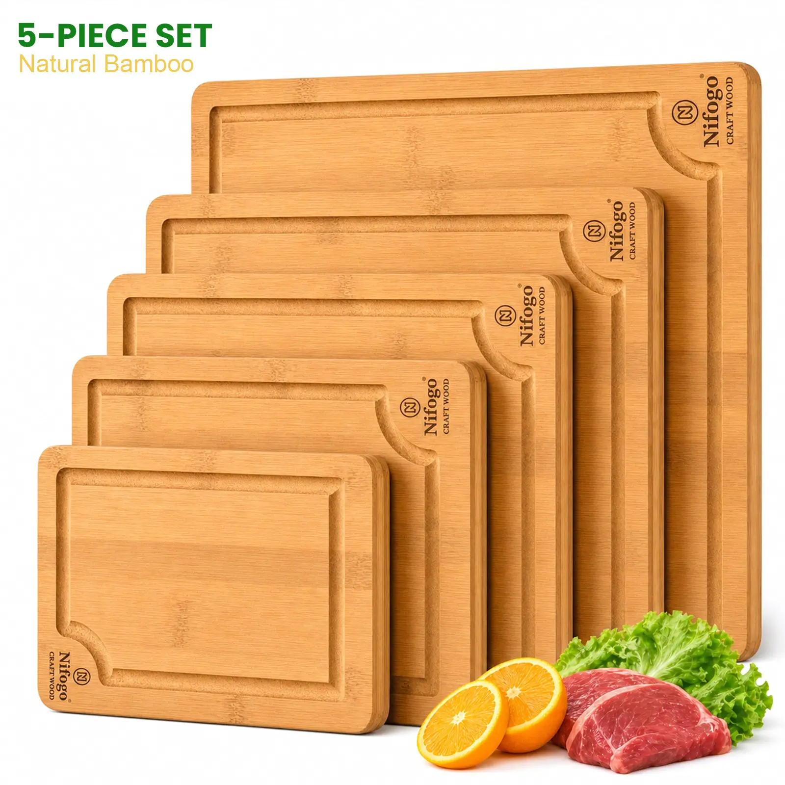 3/5-Piece Bamboo Cutting Board Set Deep Carbonized Chopping Boards with Juice Groove for Meat Fruit Vegetables Cheese