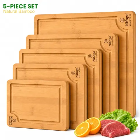 Deep Carbonized Bamboo Chopping Boards Set - 3/5-Piece Rectangular Wooden Cutting Boards with Juice Groove, Non-Toxic, Dishwasher Safe Kitchen Accessories for Meat, Fruit
