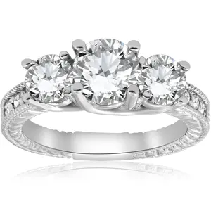2 1/2ct Vintage 3-Stone Lab Grown Diamond Engagement Ring 14K White Gold