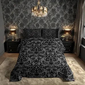 Adults Black Damask Bedding Set,Antique Victorian Baroque Down Comforter,Gothic Vintage Floral Comforter Set,Bohemian Exotic Bedding Quilted Grey