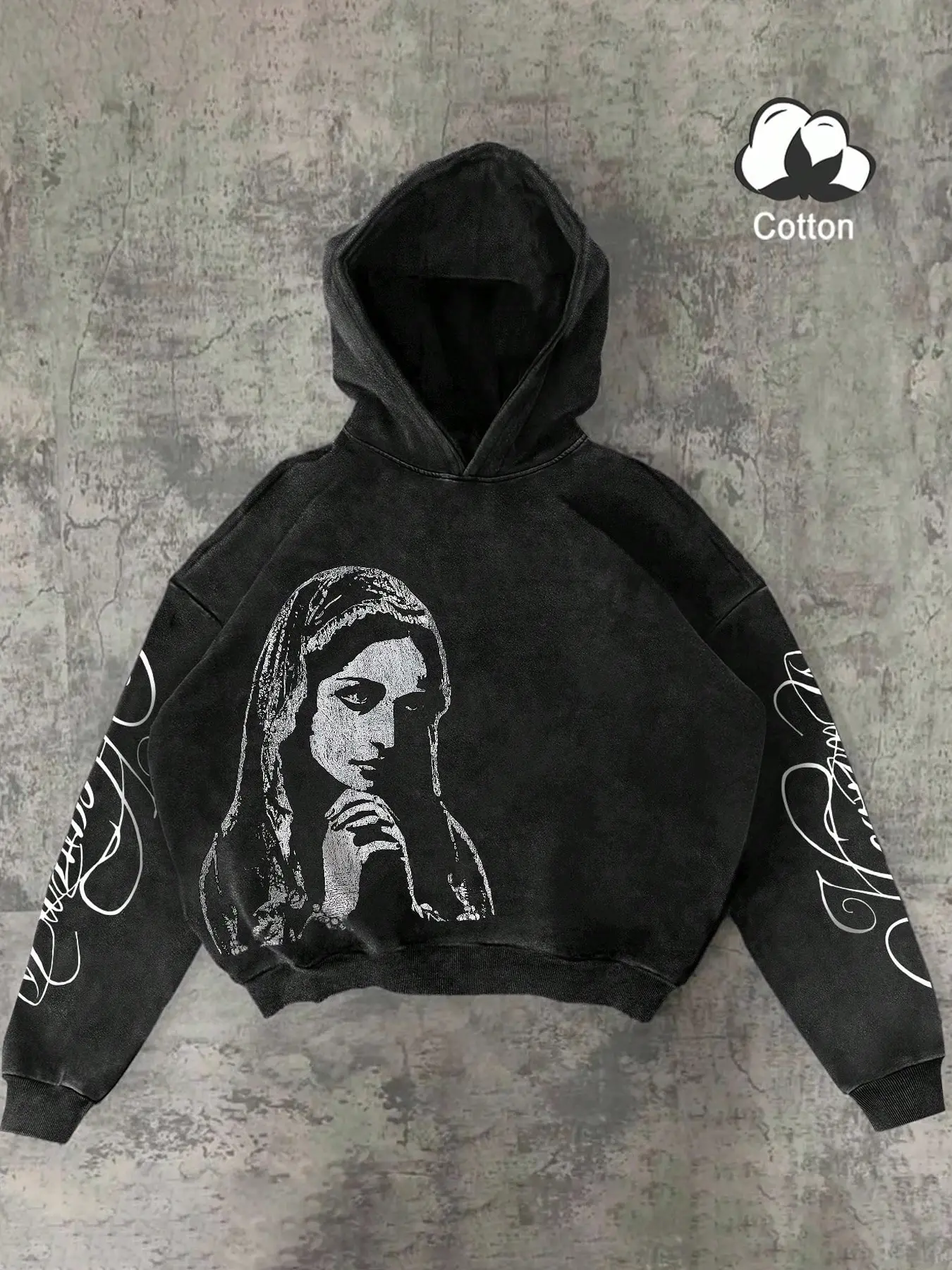 Men's Dark Religious Hoodie, Geometric Pattern, Cotton Washed, Fitted Casual Style, All Seasons, Streetwear, Daily Wear