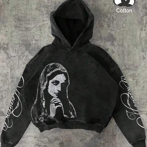 Men's Dark Religious Hoodie, Geometric Pattern, Cotton Washed, Fitted Casual Style, All Seasons, Streetwear, Daily Wear, Faith Sweatshirt