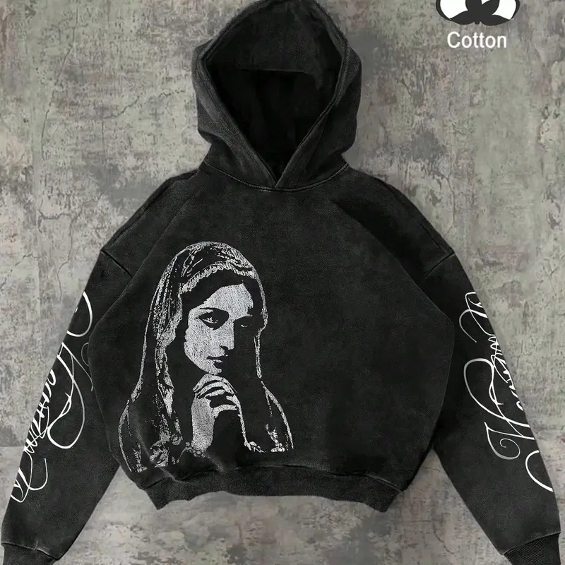 Men's Dark Religious Hoodie, Geometric Pattern, Cotton Washed, Fitted Casual Style, All Seasons, Streetwear, Daily Wear, Faith Sweatshirt