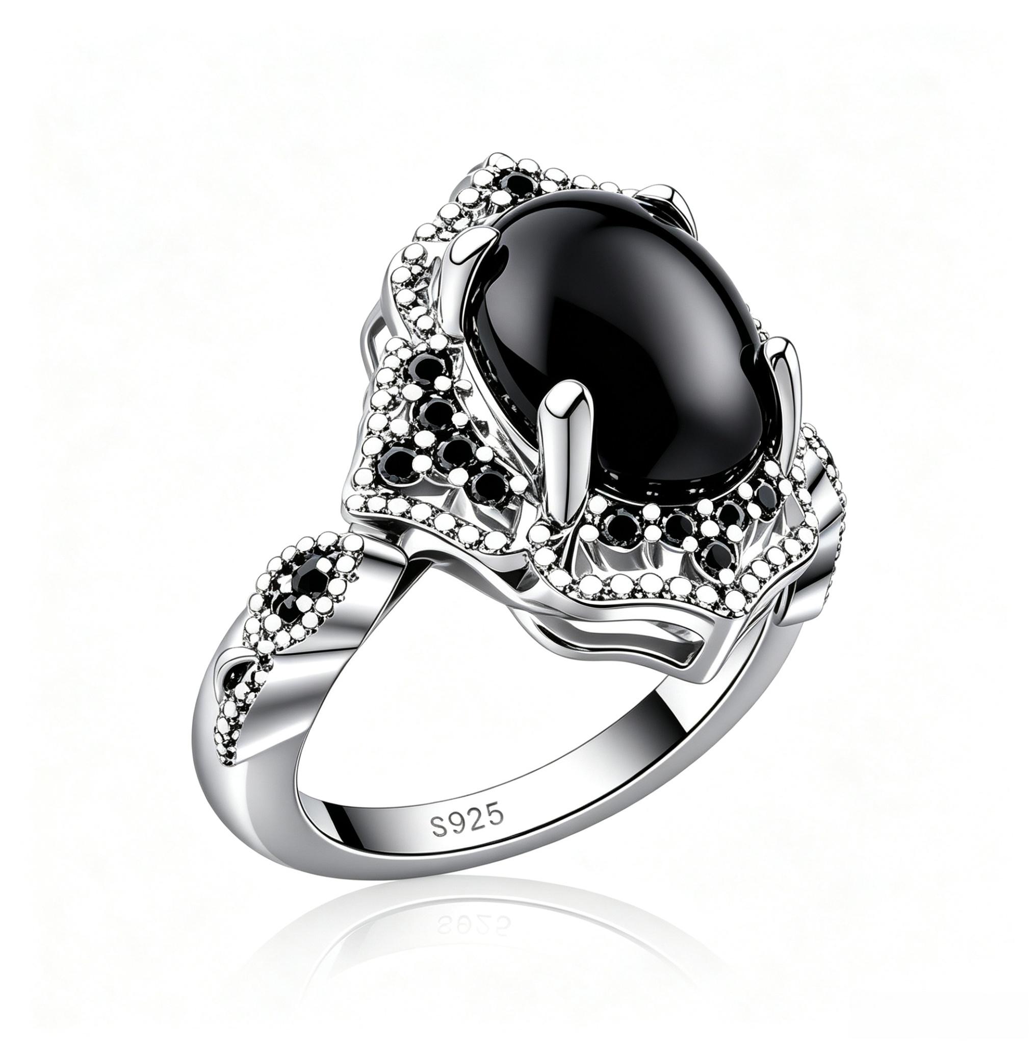 925 sterling silver, Vintage Gothic Black Onyx Sterling Silver Ring, Oval Big Stone Pave Band, Dark Grunge Witchy Statement Jewelry, Ideal for Party, Dating & Goth Outfit Match, Gift for Women Emo Alt Girls Punk Lovers  Fine Finger Ring US Shipping