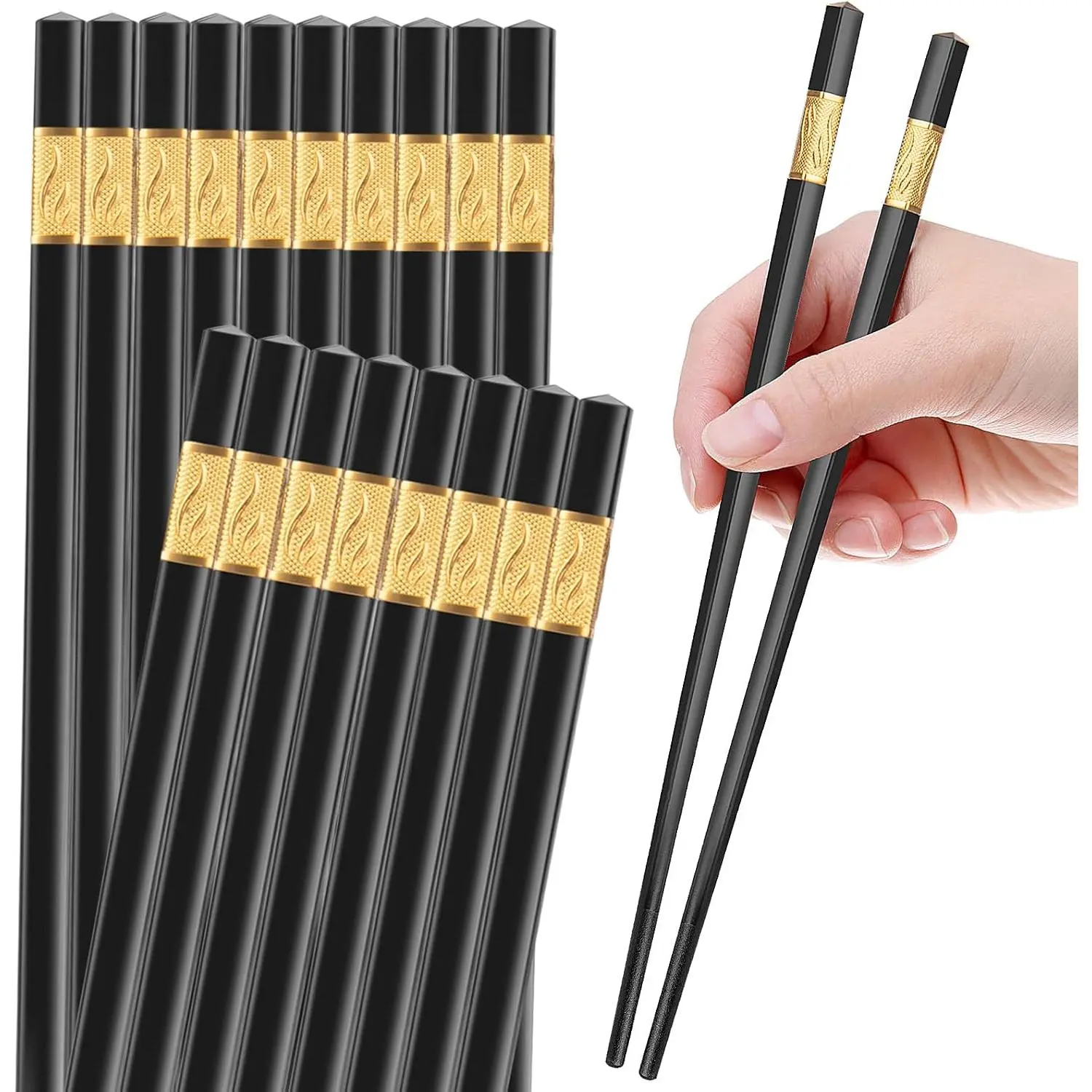 10 Pairs  Chopsticks Dishwasher Safe,9.5 Inch Fiberglass Chopsticks Set,  Chinese Korean Chopsticks for , Non-Slip, Easy to Use (Black Chopsticks)