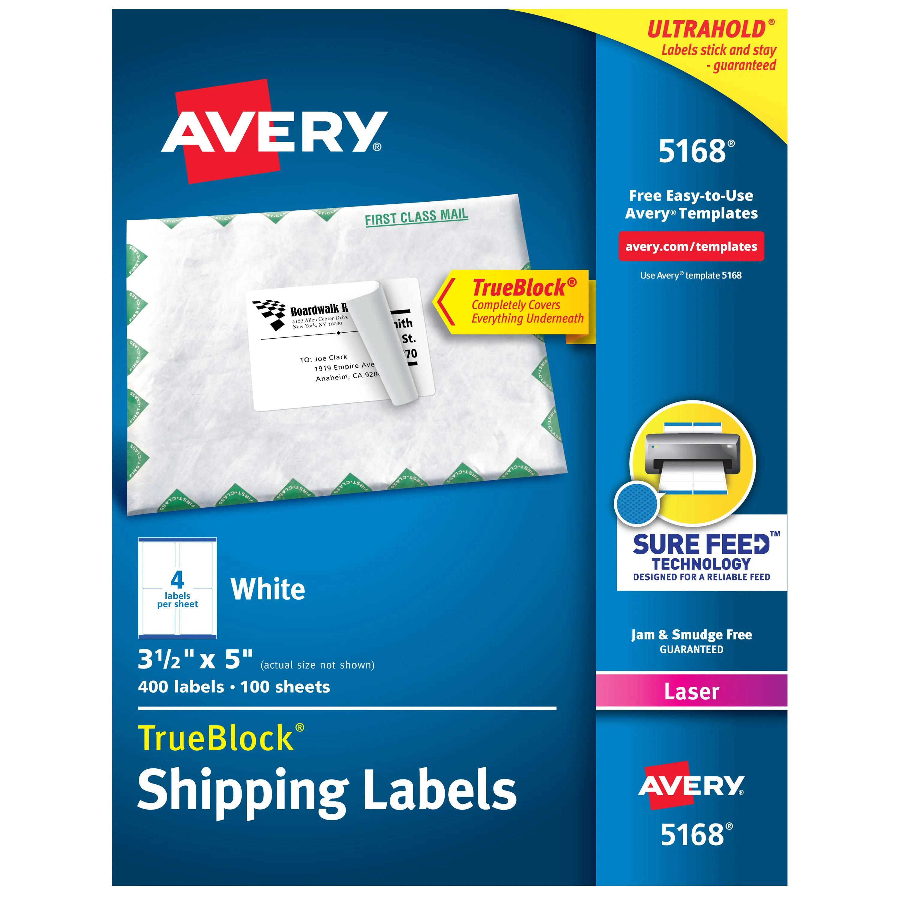 Avery Adhesive Permanent Printable Shipping Labels with Sure Feed, 3.5"x5" White, 400 Blank Mailing Labels for Laser Printers (5168) – Ideal for Gift Tags, Party Favors