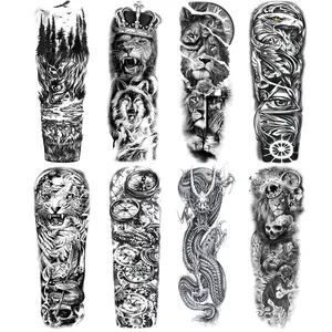 Lion Wolf Fake Tattoos Sleeve Stickers, Full Arm Dragon Animal Tribal Temporary Tattoo Sleeves For Men Women Adults, Long Lasting Large Black Eagle Leopard Temp Tattoo Leg Body Art Makeup, 8-Sheet
