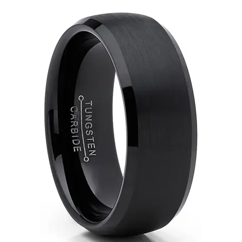 Men's Black Tungsten Carbide Wedding Ring - 8MM Thick Dome Comfort-Fit Round Band, Hypoallergenic Skin-Kind Brushed Center, Sleek Shine, Scratch-Proof, Heavy Duty Elegant Fashion Dark Aesthetic Classic Ring, Elegant Fashion Rings