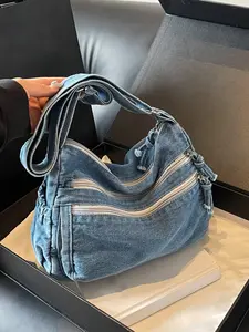 Retro distressed denim tote bag, multi-zipper design, large-capacity underarm shoulder bag, shoulder crossbody bag, Denim crossbody bags