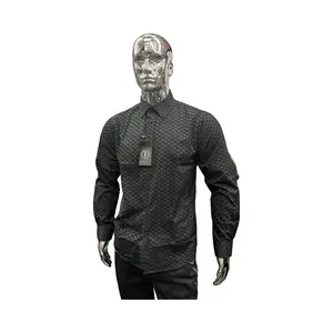 Camisa para Hombre Manga Larga Negra con Patrón Geométrico Moderno