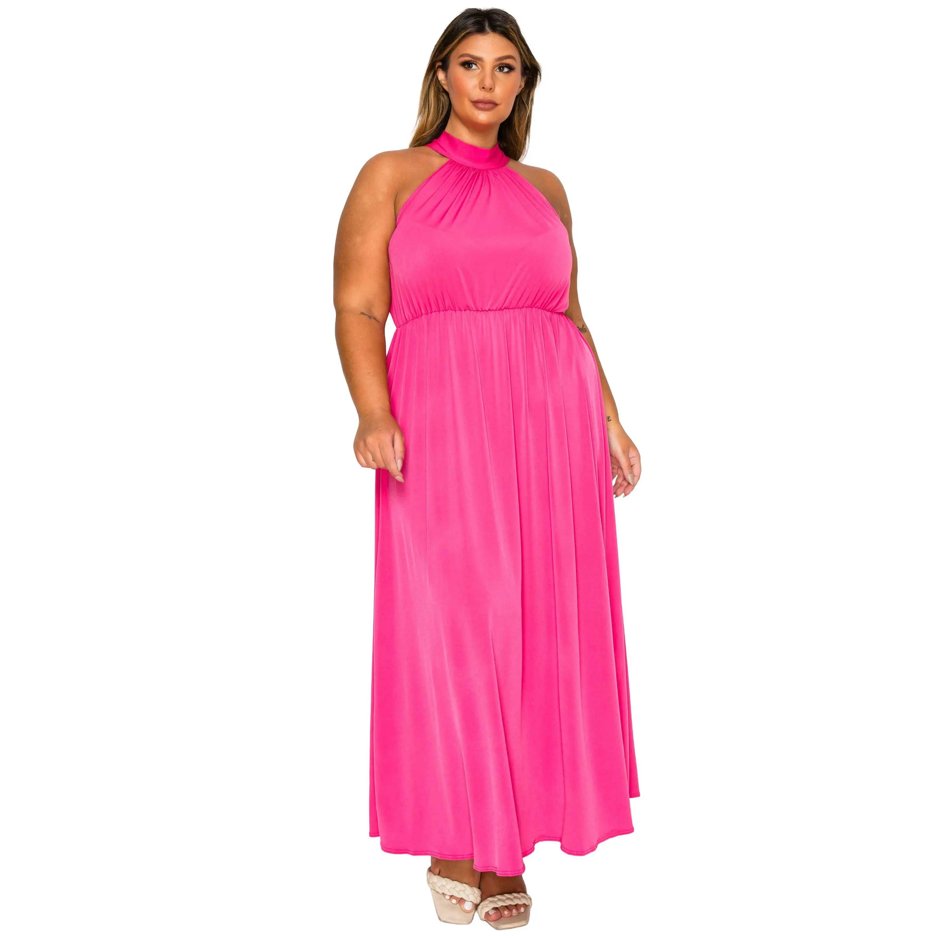 Plus Size L I V D Cassia Halter Neck Maxi Dress - USA Made, Elastic Waist,  Back Keyhole, Polyester & Spandex, Casual Summer Womenswear