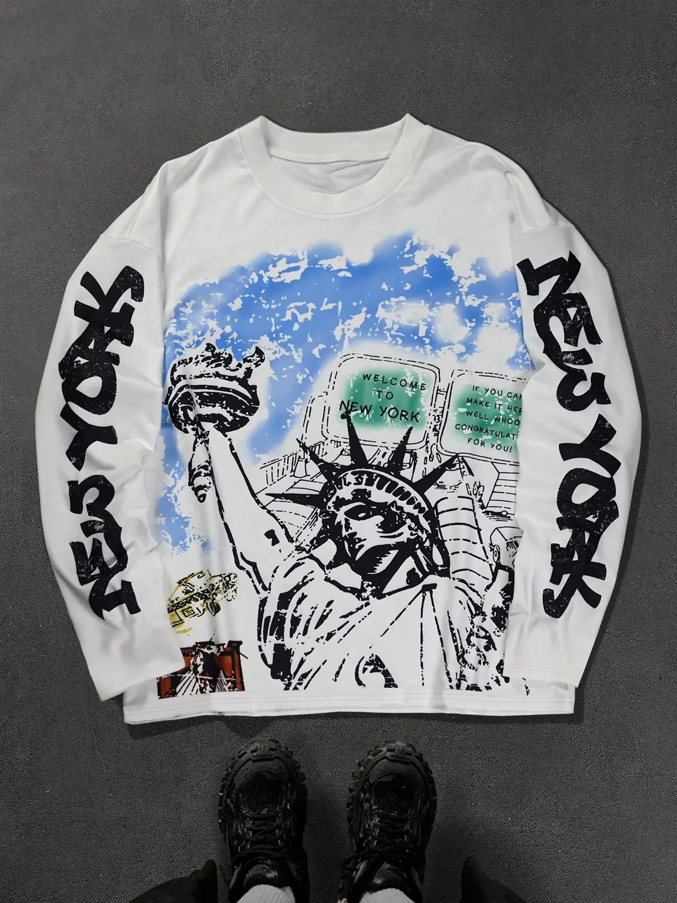 Men's Plus Size Statue of Liberty Graphic Print T-Shirt, Crewneck, Fall Long Sleeve Street Fashion, Streetwear, Trendy College Style, Youth Casual Daily Wear, Knit