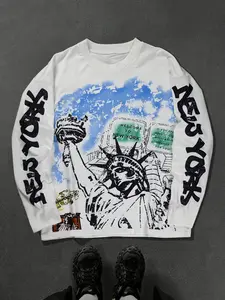 Men's Plus Size Statue of Liberty Graphic Print Fitted Knit T-Shirt, Fall Long Sleeve Street Fashion, Trendy College Style, Youth Casual Daily Wear