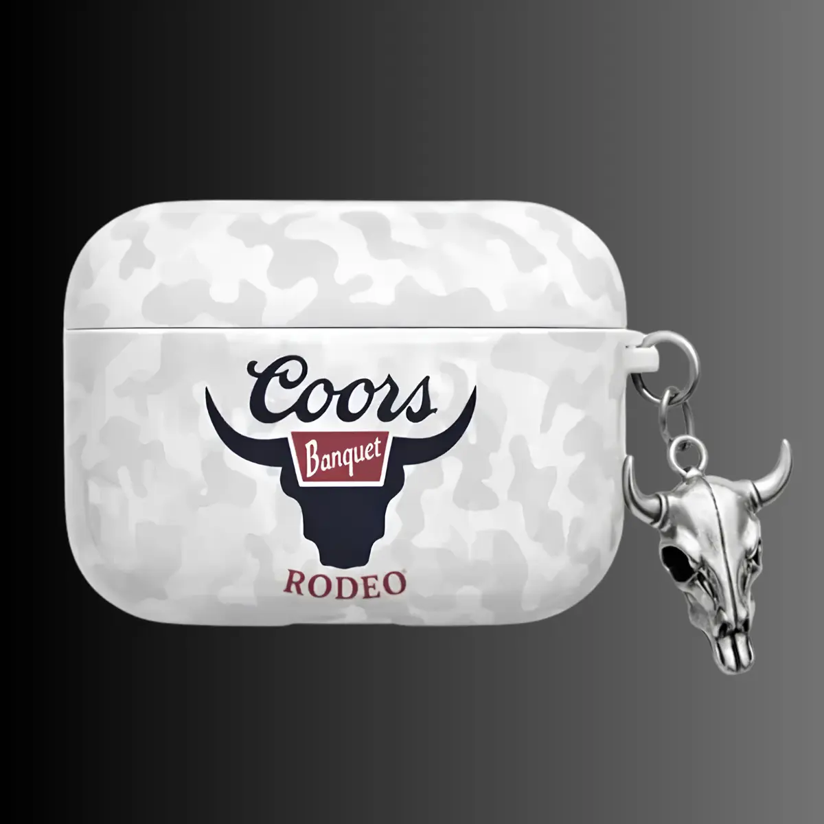 Banquet Rodeo AirPods Case – White Camouflage Design with Bull Head Logo & Metallic Skull Charm, Fits AirPods Pro (Gen 1/2/3) & AirPods (Gen 1/2/3), Perfect Gift for Western & Rodeo Style Fans