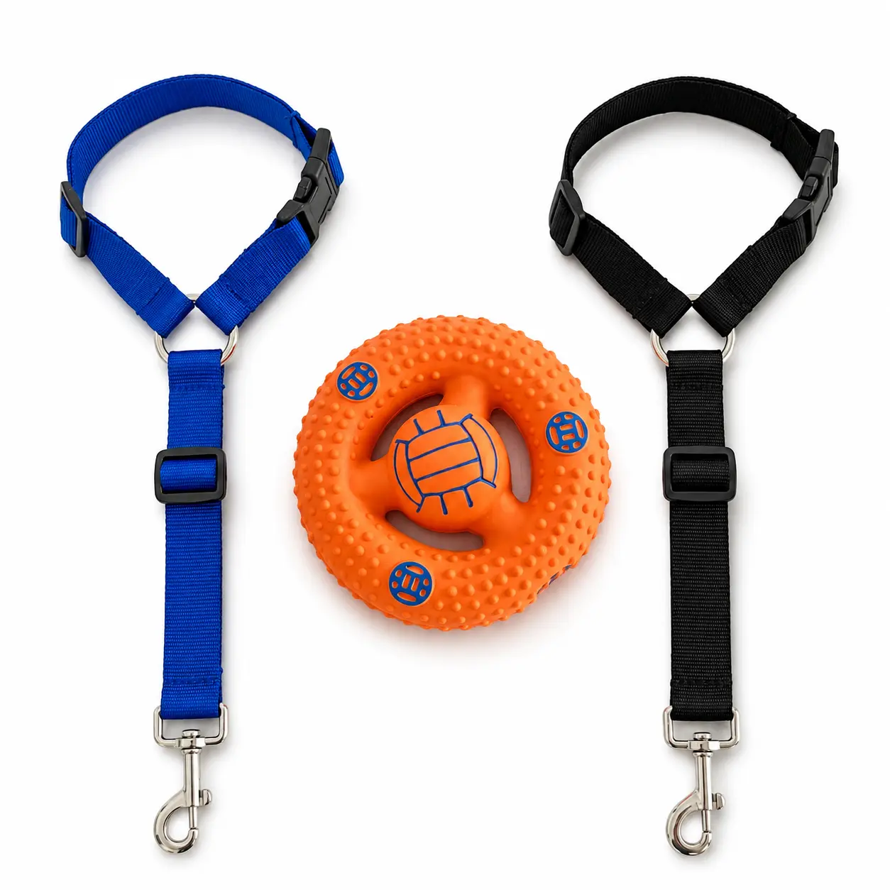3-Piece Dog Car Safety & Play Set – 2 Adjustable Headrest Seat Belts + 1 Interactive Squeaky Latex Disc Toy