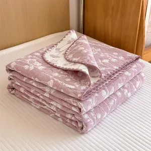 Cotton Muslin Quilt 80x90 Inches, Farmhouse Leaves Reversible Lightweight Breathable Quilted Blanket for Couch Sofa Bed, Summer Air Conditioner Coverlet (Leaves Pink, 80 x 90 in)