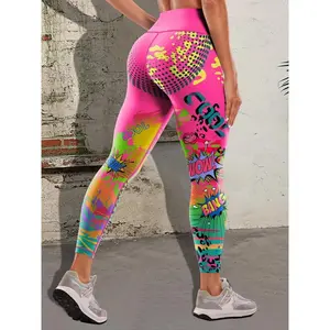 Women's Plus Size Casual Sportswear Leggings, Graffiti Print High-Waist Yoga Pants, Stretchy Tummy Control Workout Running Tights, Outdoor Exercise Fashion Base Layer