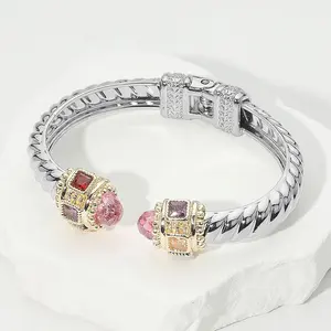 Regal Voltage Hinge Cuff 14k Gold Plated Silver Tone Twisted Cable CZ Stones Luxury Statement Bracelet