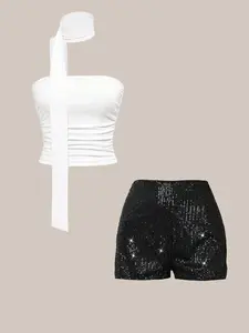 Party Dance Essential! Women's Sexy Tight Top Sequin Shorts Set, Perfect for Holiday Parties, Y2K Style, Leopard Pattern