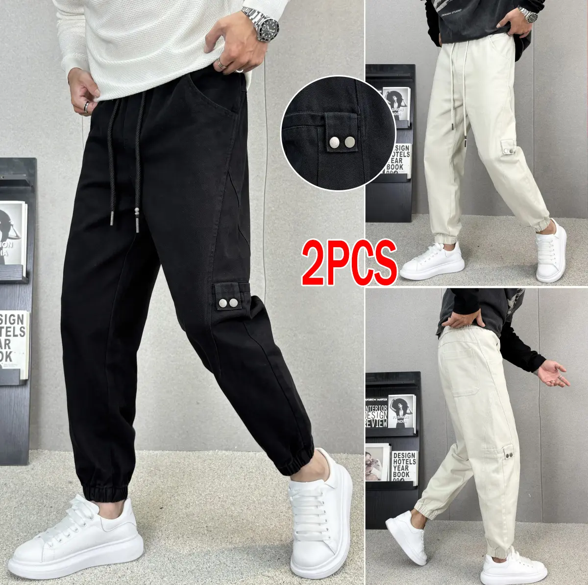 2-pack tapered cargo pants with a fully elastic drawstring waist and high-stretch ribbed cuffs; minimalist workwear style, suitable for pairing with chunky white sneakers.