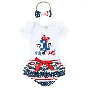 Baby Girl My First 4th Of July Short Sleeve Romper Ruffle Shorts Bow Headband 3Pcs Patriotic Independence Day Newborn Outfit
