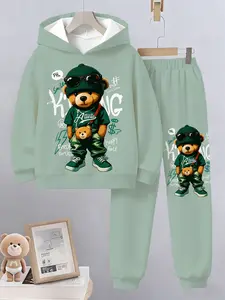 Hooded Sweatshirt Set, Soft Light Mint Bear Print, Casual Streetwear, Fitted, All Seasons, Comfortable and Trendy