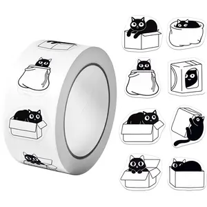 1Roll(500Pcs)Funny Hiding Black Cats Stickers, 8 Patterns, 2.5cm/1.0 Inch, Holiday Gift Decoration, Packaging Sealing Decals, Home Decor,Party Favors Craft Decoration, Adhesive Stickers
