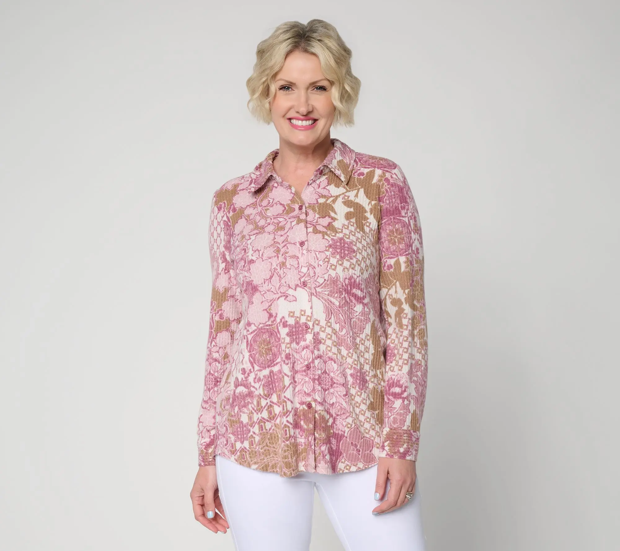 Susan Graver Petite Printed Brushed Waffle Knit Button Front Tunic