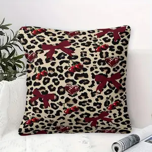 Leopard Print Throw Pillow, Coquette Red Bow Cherry Heart Pattern, Soft Square Cushion for Sofa Couch Bed Living Room Bedroom, Retro Y2K Aesthetic, Stylish Home Decor, Perfect for Girls Room Dorm Room Decoration. Includes Pillow Core.