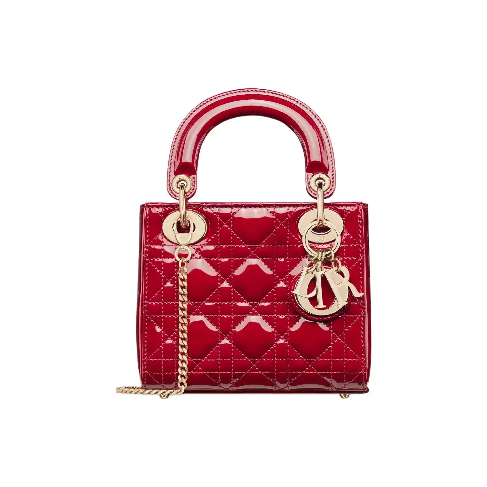 Pre-owned Dior sheepkin Shoulder Bags Mini Lady Bag in Cherry Red Patent Cannage Calfskin with Removable Gold Metal Chain Strap