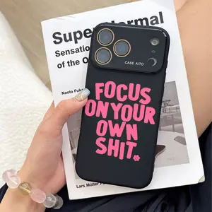 FOCUS ON YOUR OWN SHIT Pink Slogan Dopamine Ins Style Solid Color Phone Case with Ultra Skin friendly Touch, All Inclusive Lens Phone Case Suitable for Apple 17 16 15 14 13 12 Cellphone Smartphone