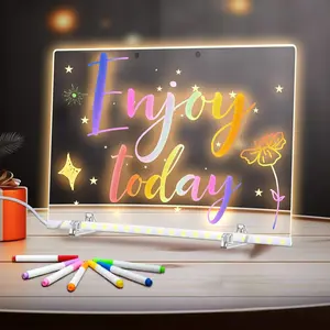 LED Note Board with Stand - 9" Rechargeable Acrylic Dry Erase Board, Light Up Illuminated Drawing Board with Colors Markers & Eraser for Kids Adults Home Office School