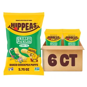 HIPPEAS x Grillo's Dill Pickle - Baked Chickpea Puffs - 3.75 Ounce (Pack of 6), Gluten Free Snacks, Dairy Free, Vegan, Crunchy, Nutritious, Baked Plant Protein Snack, Non-GMO, Kosher