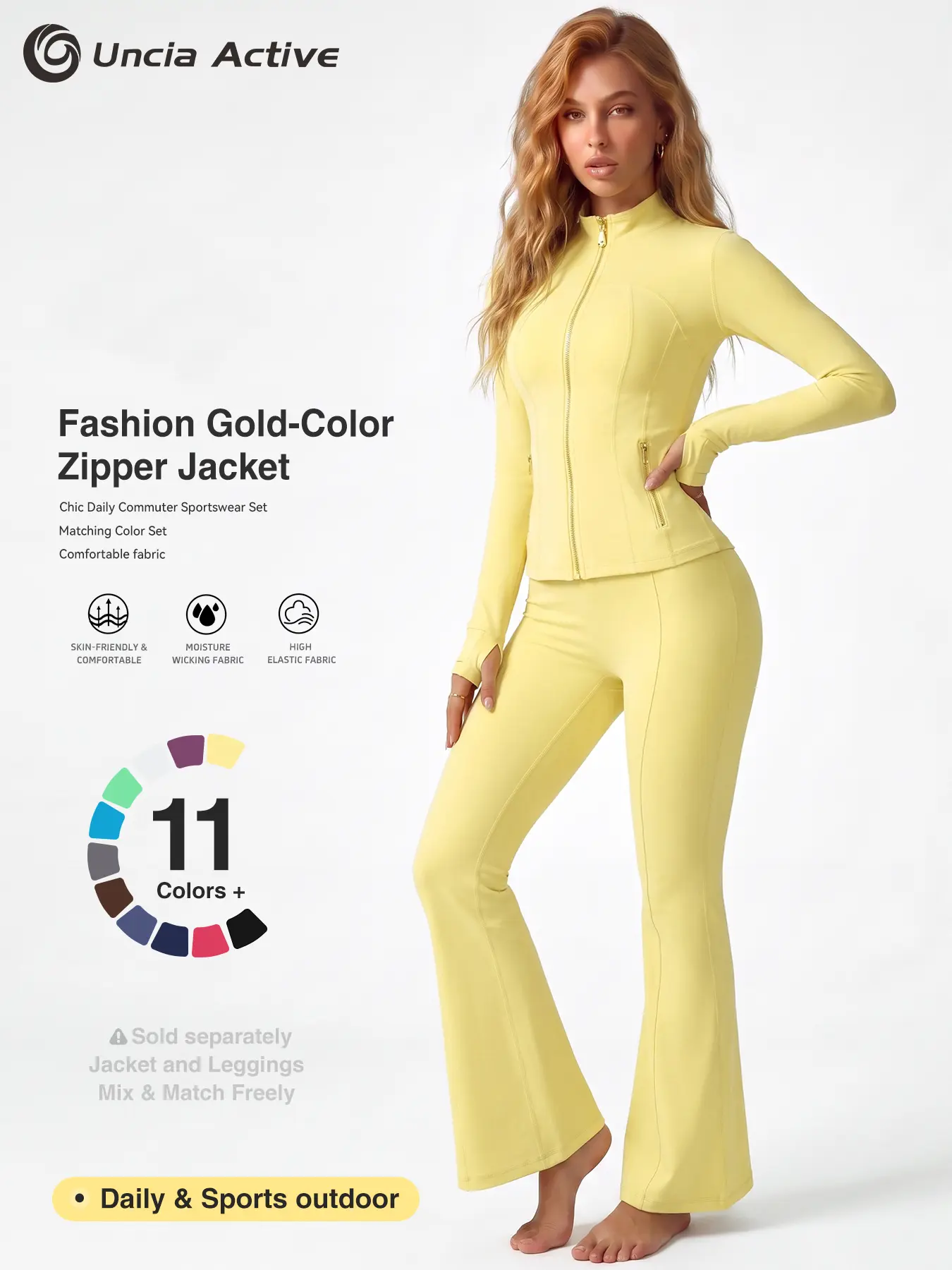 Women's Gold-Zipper Active Yoga Set - Soft Moisture-Wicking Stretch Jacket & High-Waist Flared Leggings, Skin-Friendly Gym Outfits, Matching Women's Clothes for Running Daily Commute, back to school,back to school haul tiktokshopbackt sohochi