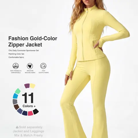 Women's Gold-Zipper Active Yoga Matching  - Soft Moisture-Wicking Stretch Jacket & High-Waist Flared Leggings, Skin-Friendly Gym Outfits for Running & Daily Commute, 2 Piece Sets, Women 2 Piece Sets