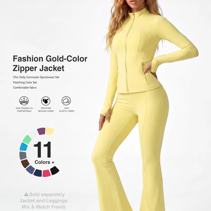 Women's Gold-Zipper Active Yoga Matching  - Soft Moisture-Wicking Stretch Jacket & High-Waist Flared Leggings, Skin-Friendly Gym Outfits for Running & Daily Commute, 2 Piece Sets, Women 2 Piece Sets